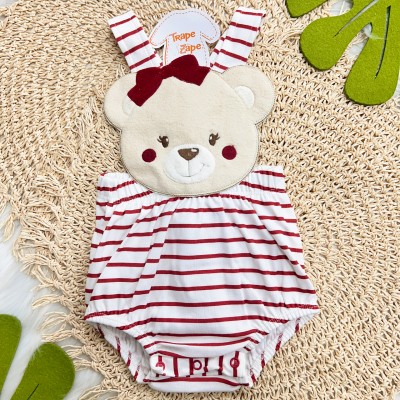 Banho de Sol Bordado - Ursinha de Lacinho - Vermelho e Off White